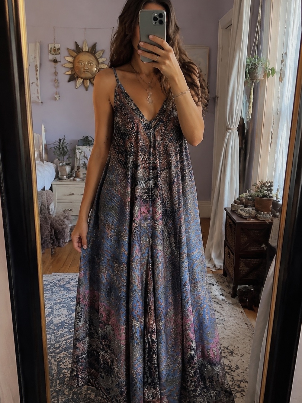 Bohemian V-Neck Maxi Dress in Navy and Pink
